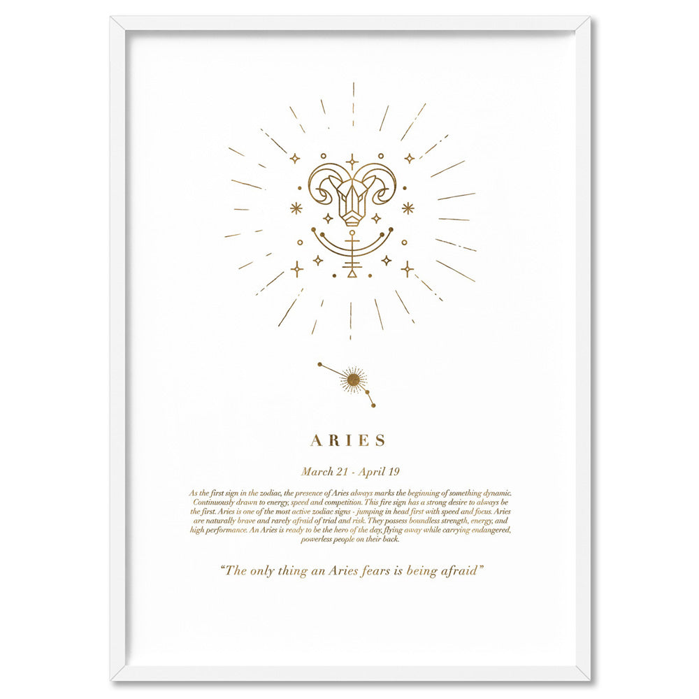 Aries Star Sign | Celestial Boho (faux look foil) - Art Print, Poster, Stretched Canvas, or Framed Wall Art Print, shown in a white frame