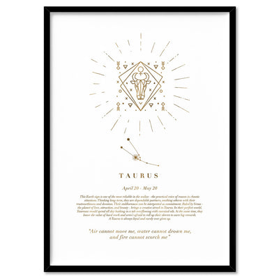 Taurus Star Sign | Celestial Boho (faux look foil) - Art Print, Poster, Stretched Canvas, or Framed Wall Art Print, shown in a black frame
