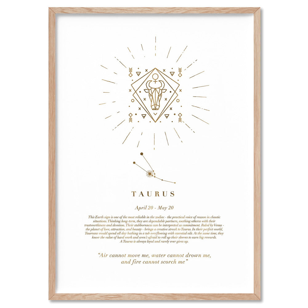 Taurus Star Sign | Celestial Boho (faux look foil) - Art Print, Poster, Stretched Canvas, or Framed Wall Art Print, shown in a natural timber frame