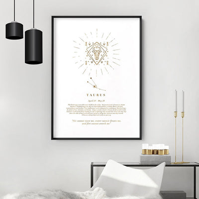 Taurus Star Sign | Celestial Boho (faux look foil) - Art Print, Poster, Stretched Canvas or Framed Wall Art Prints, shown framed in a room