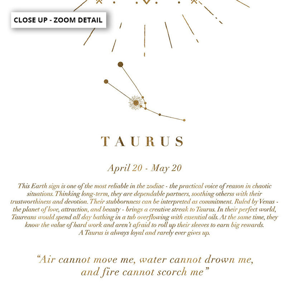 Taurus Star Sign | Celestial Boho (faux look foil) - Art Print, Poster, Stretched Canvas or Framed Wall Art, Close up View of Print Resolution