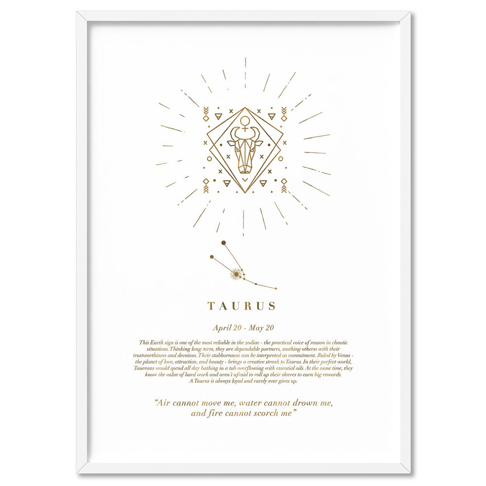 Taurus Star Sign | Celestial Boho (faux look foil) - Art Print, Poster, Stretched Canvas, or Framed Wall Art Print, shown in a white frame