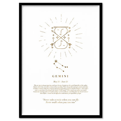 Gemini Star Sign | Celestial Boho (faux look foil) - Art Print, Poster, Stretched Canvas, or Framed Wall Art Print, shown in a black frame