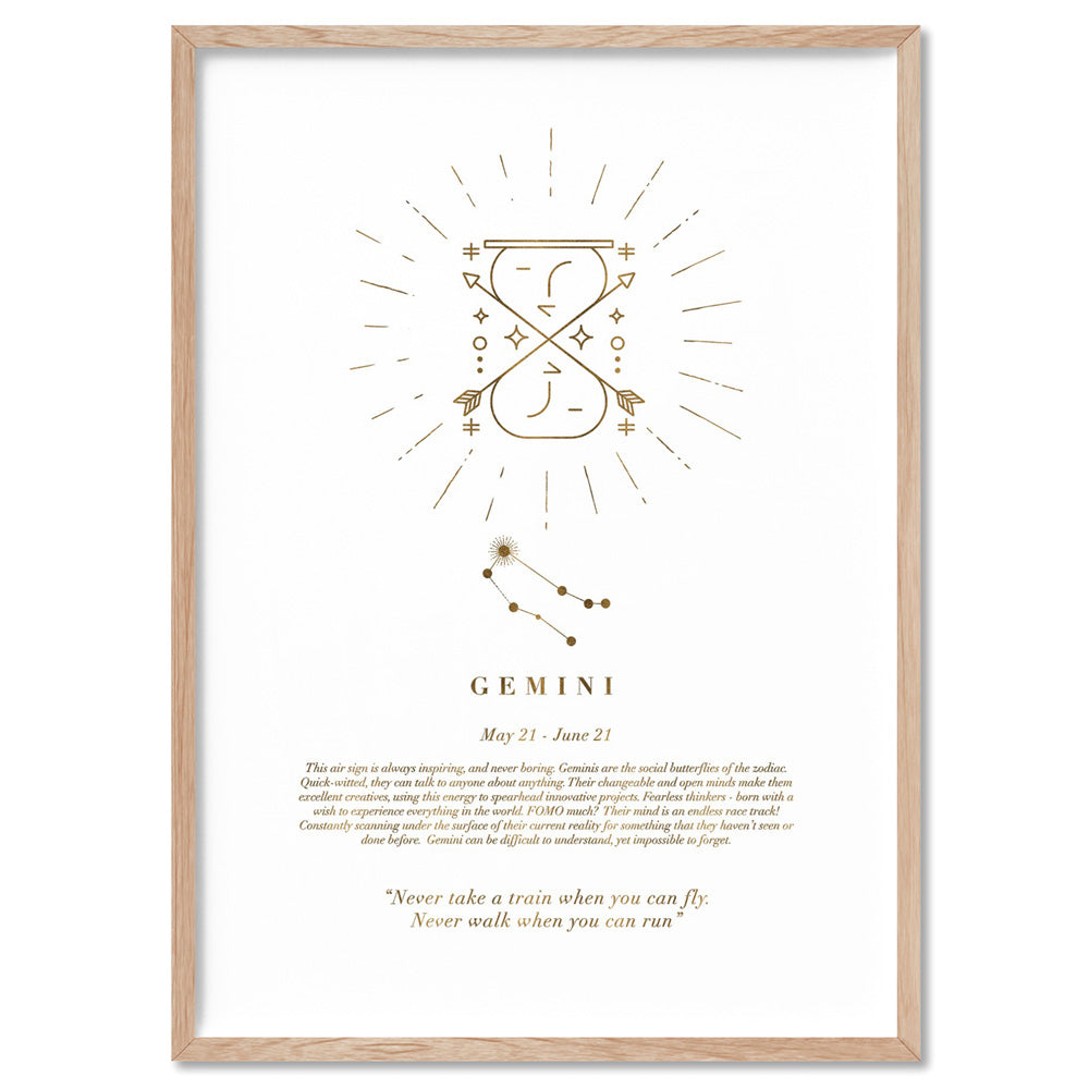 Gemini Star Sign | Celestial Boho (faux look foil) - Art Print, Poster, Stretched Canvas, or Framed Wall Art Print, shown in a natural timber frame