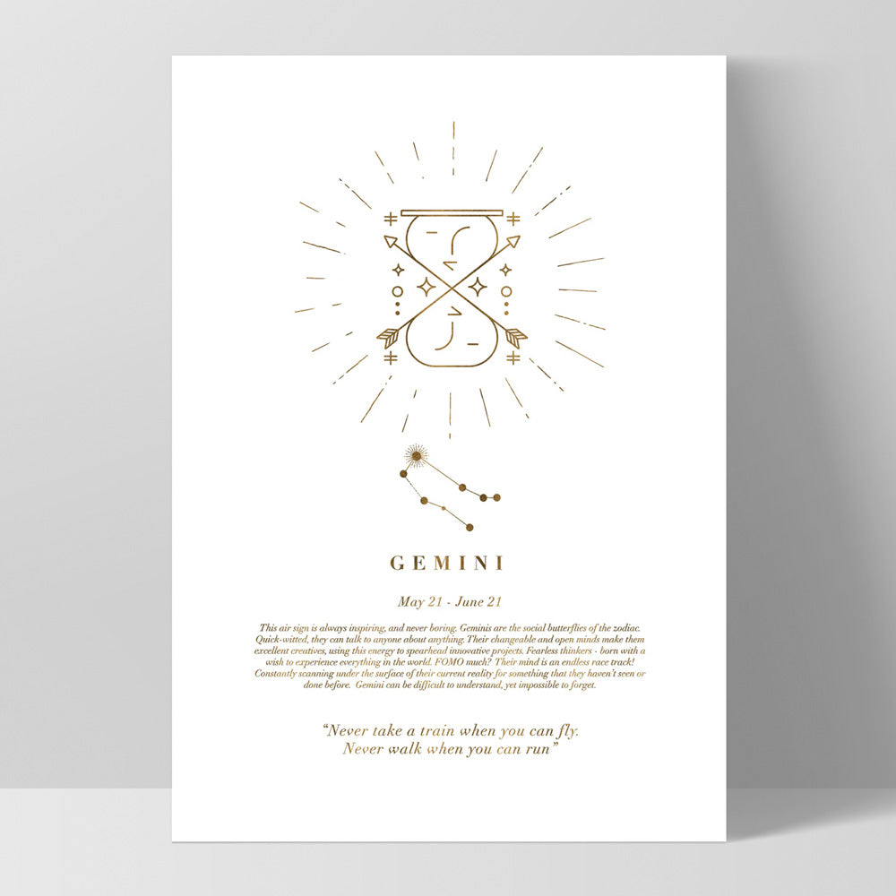 Gemini Star Sign | Celestial Boho (faux look foil) - Art Print, Poster, Stretched Canvas, or Framed Wall Art Print, shown as a stretched canvas or poster without a frame
