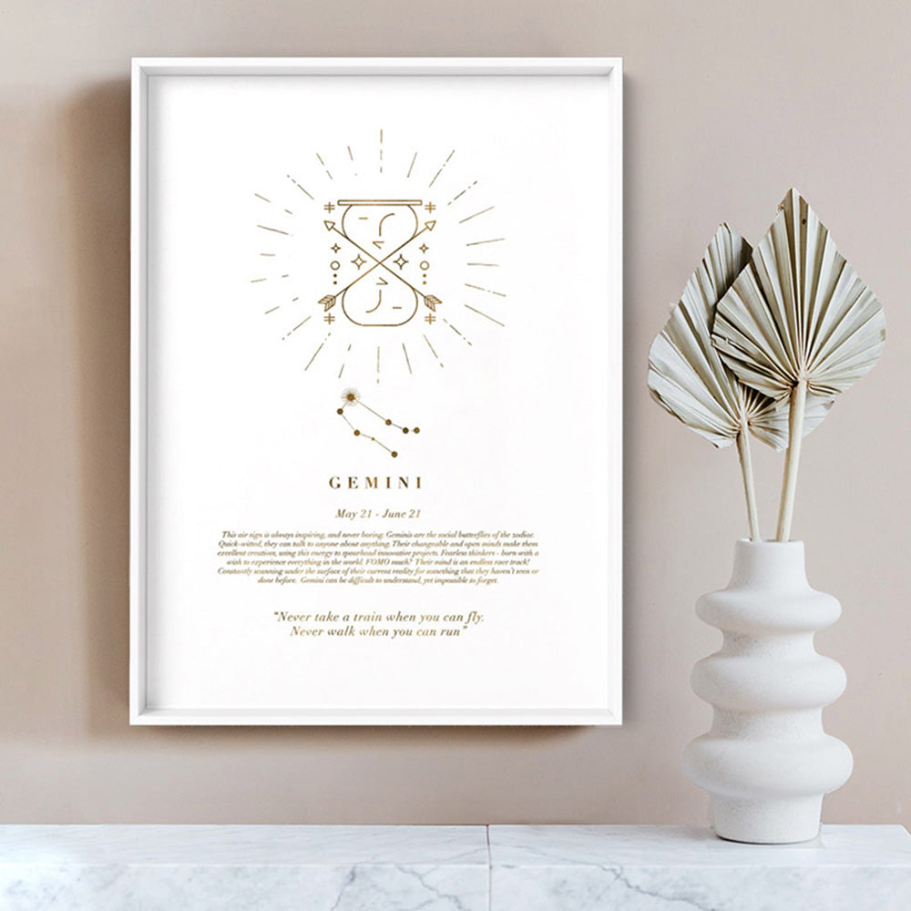 Gemini Star Sign | Celestial Boho (faux look foil) - Art Print, Poster, Stretched Canvas or Framed Wall Art Prints, shown framed in a room