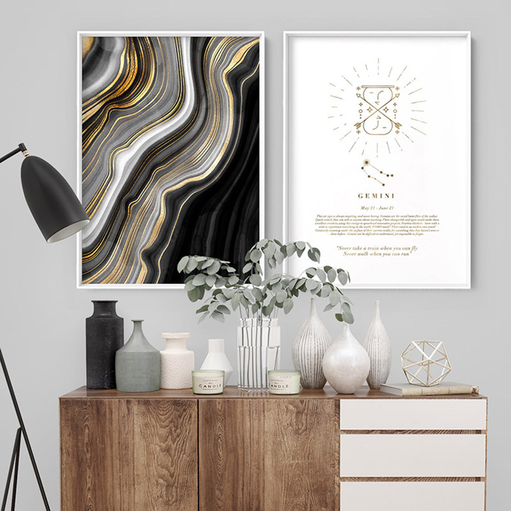Gemini Star Sign | Celestial Boho (faux look foil) - Art Print, Poster, Stretched Canvas or Framed Wall Art, shown framed in a home interior space