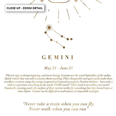 Gemini Star Sign | Celestial Boho (faux look foil) - Art Print, Poster, Stretched Canvas or Framed Wall Art, Close up View of Print Resolution