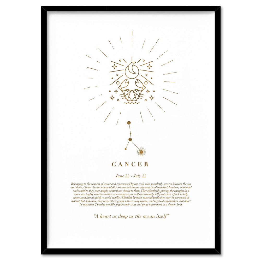 Cancer Star Sign | Celestial Boho (faux look foil) - Art Print, Poster, Stretched Canvas, or Framed Wall Art Print, shown in a black frame