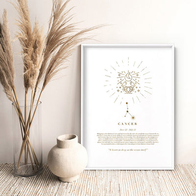 Cancer Star Sign | Celestial Boho (faux look foil) - Art Print, Poster, Stretched Canvas or Framed Wall Art Prints, shown framed in a room