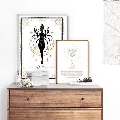 Cancer Star Sign | Celestial Boho (faux look foil) - Art Print, Poster, Stretched Canvas or Framed Wall Art, shown framed in a home interior space