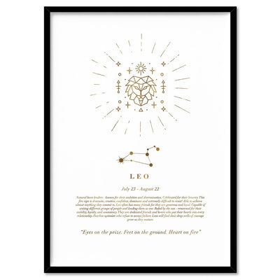 Leo Star Sign | Celestial Boho (faux look foil) - Art Print, Poster, Stretched Canvas, or Framed Wall Art Print, shown in a black frame