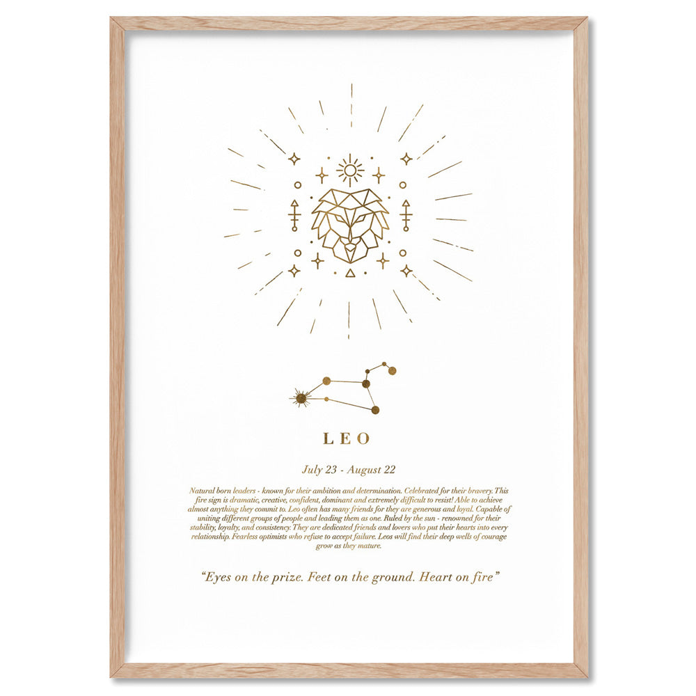 Leo Star Sign | Celestial Boho (faux look foil) - Art Print, Poster, Stretched Canvas, or Framed Wall Art Print, shown in a natural timber frame