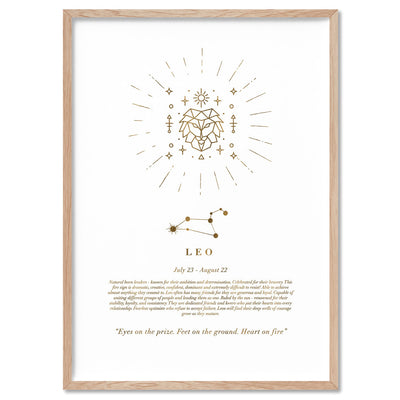 Leo Star Sign | Celestial Boho (faux look foil) - Art Print, Poster, Stretched Canvas, or Framed Wall Art Print, shown in a natural timber frame