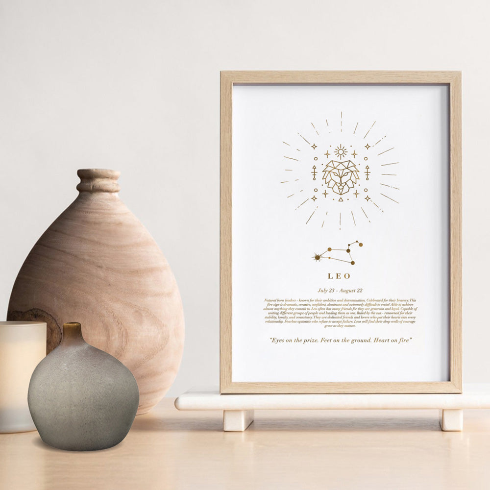 Leo Star Sign | Celestial Boho (faux look foil) - Art Print, Poster, Stretched Canvas or Framed Wall Art Prints, shown framed in a room