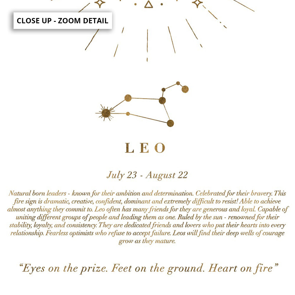 Leo Star Sign | Celestial Boho (faux look foil) - Art Print, Poster, Stretched Canvas or Framed Wall Art, Close up View of Print Resolution