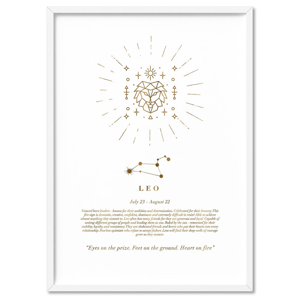 Leo Star Sign | Celestial Boho (faux look foil) - Art Print, Poster, Stretched Canvas, or Framed Wall Art Print, shown in a white frame