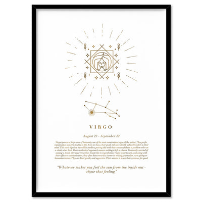 Virgo Star Sign | Celestial Boho (faux look foil) - Art Print, Poster, Stretched Canvas, or Framed Wall Art Print, shown in a black frame