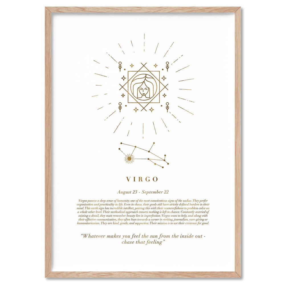 Virgo Star Sign | Celestial Boho (faux look foil) - Art Print, Poster, Stretched Canvas, or Framed Wall Art Print, shown in a natural timber frame