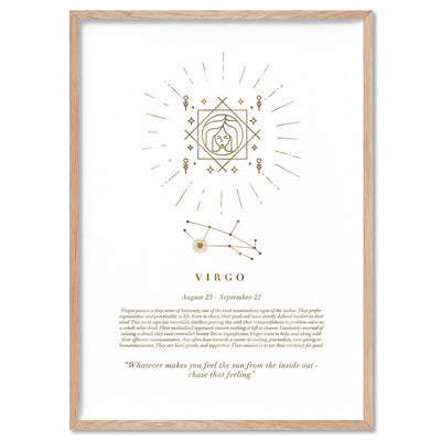 Virgo Star Sign | Celestial Boho (faux look foil) - Art Print, Poster, Stretched Canvas, or Framed Wall Art Print, shown in a natural timber frame