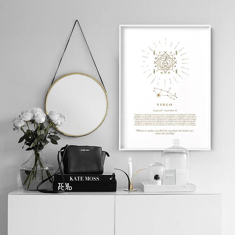 Virgo Star Sign | Celestial Boho (faux look foil) - Art Print, Poster, Stretched Canvas or Framed Wall Art Prints, shown framed in a room