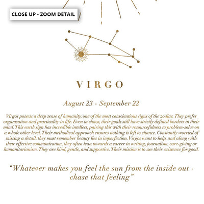 Virgo Star Sign | Celestial Boho (faux look foil) - Art Print, Poster, Stretched Canvas or Framed Wall Art, Close up View of Print Resolution