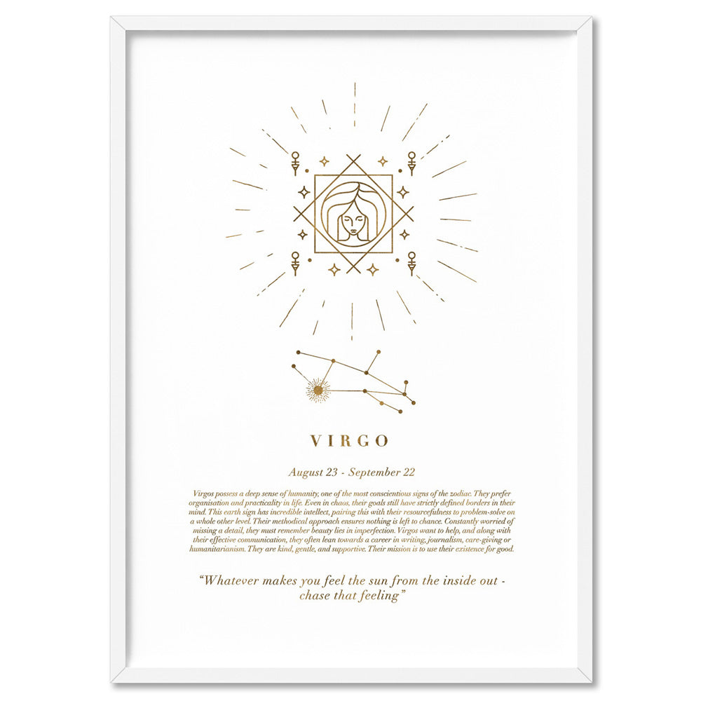 Virgo Star Sign | Celestial Boho (faux look foil) - Art Print, Poster, Stretched Canvas, or Framed Wall Art Print, shown in a white frame