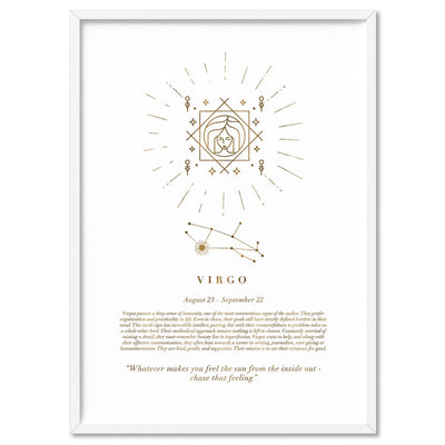Virgo Star Sign | Celestial Boho (faux look foil) - Art Print, Poster, Stretched Canvas, or Framed Wall Art Print, shown in a white frame