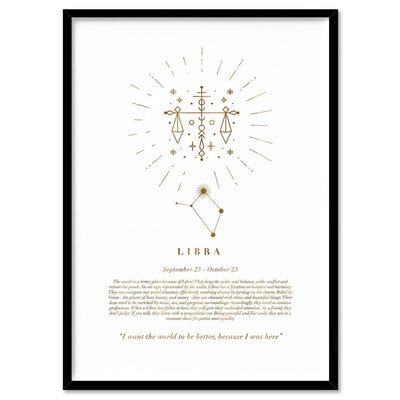 Libra Star Sign | Celestial Boho (faux look foil) - Art Print, Poster, Stretched Canvas, or Framed Wall Art Print, shown in a black frame