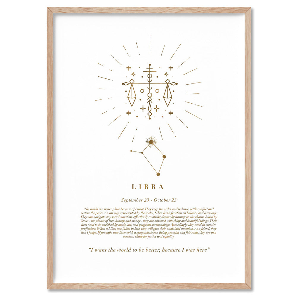 Libra Star Sign | Celestial Boho (faux look foil) - Art Print, Poster, Stretched Canvas, or Framed Wall Art Print, shown in a natural timber frame