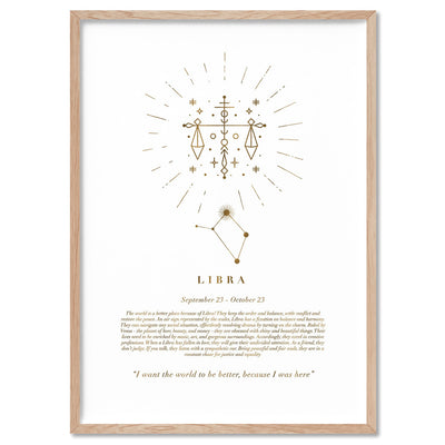 Libra Star Sign | Celestial Boho (faux look foil) - Art Print, Poster, Stretched Canvas, or Framed Wall Art Print, shown in a natural timber frame