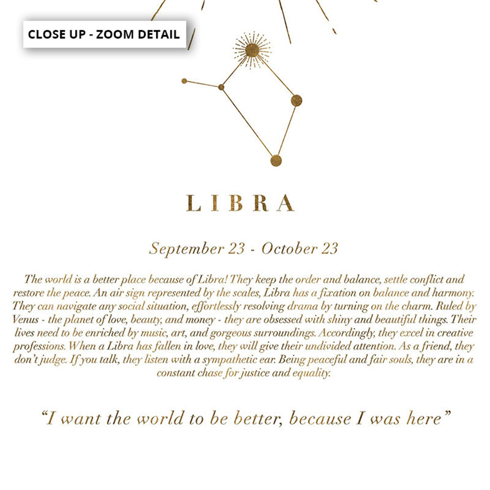 Libra Star Sign | Celestial Boho (faux look foil) - Art Print, Poster, Stretched Canvas or Framed Wall Art, Close up View of Print Resolution