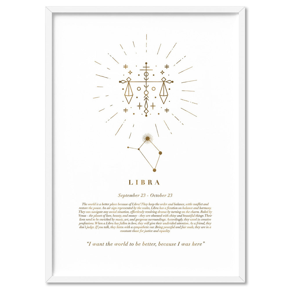 Libra Star Sign | Celestial Boho (faux look foil) - Art Print, Poster, Stretched Canvas, or Framed Wall Art Print, shown in a white frame