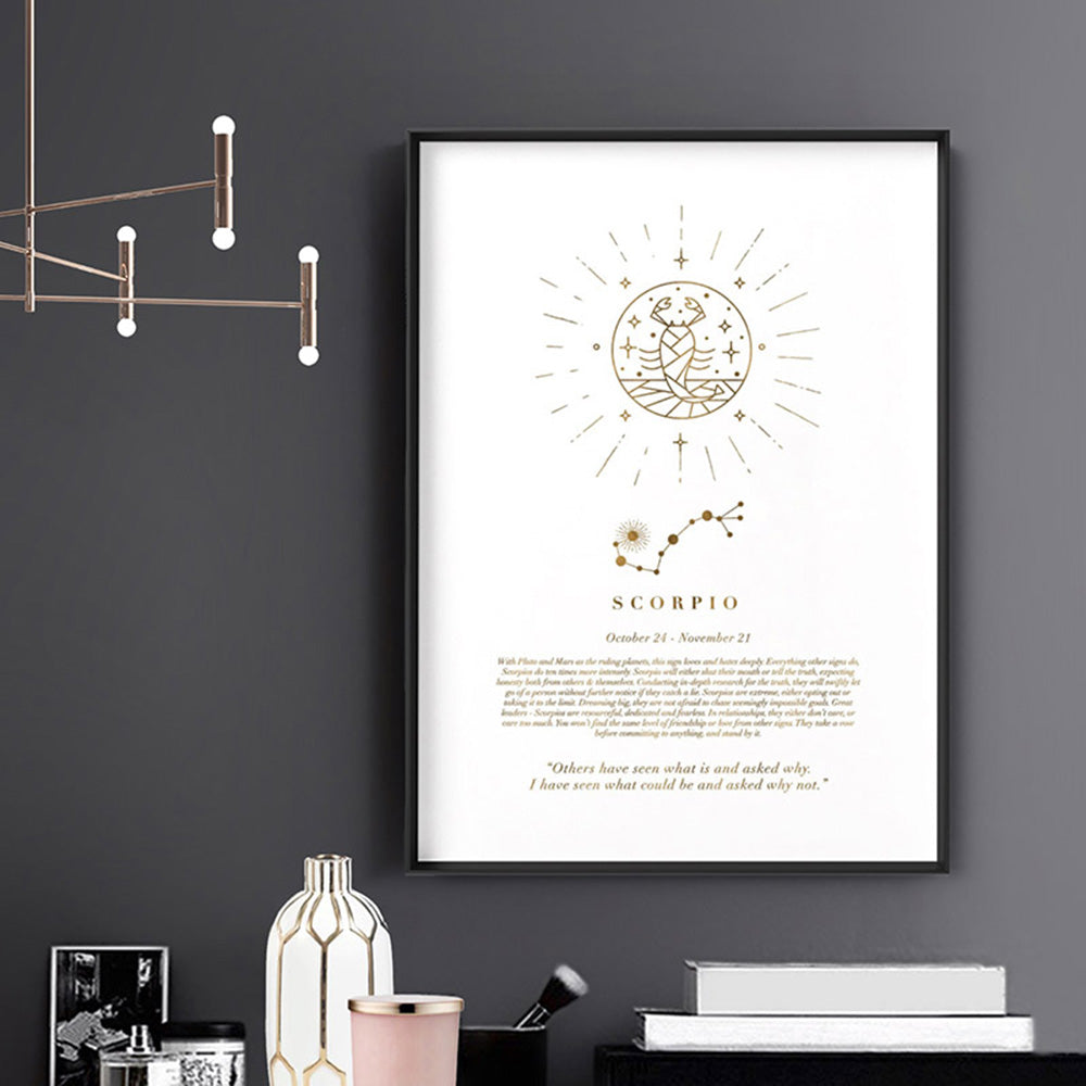 Scorpio Star Sign | Celestial Boho (faux look foil) - Art Print, Poster, Stretched Canvas or Framed Wall Art Prints, shown framed in a room