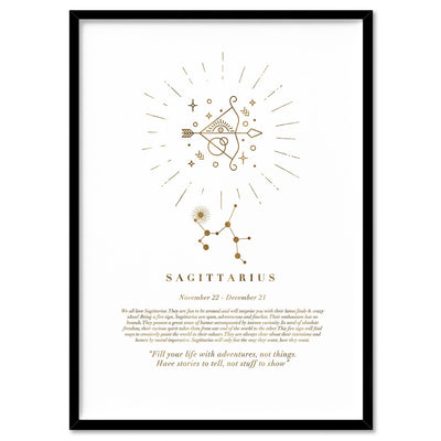 Sagittarius Star Sign | Celestial Boho (faux look foil) - Art Print, Poster, Stretched Canvas, or Framed Wall Art Print, shown in a black frame