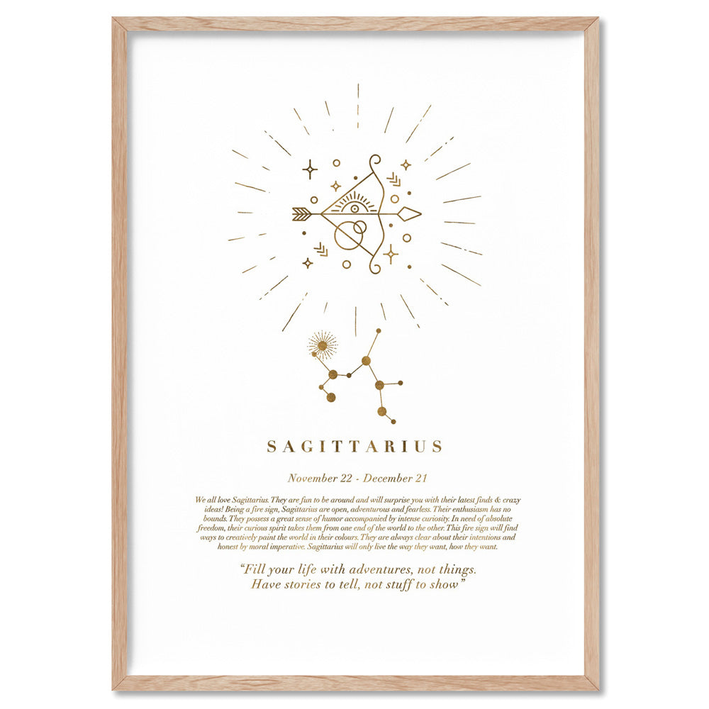 Sagittarius Star Sign | Celestial Boho (faux look foil) - Art Print, Poster, Stretched Canvas, or Framed Wall Art Print, shown in a natural timber frame