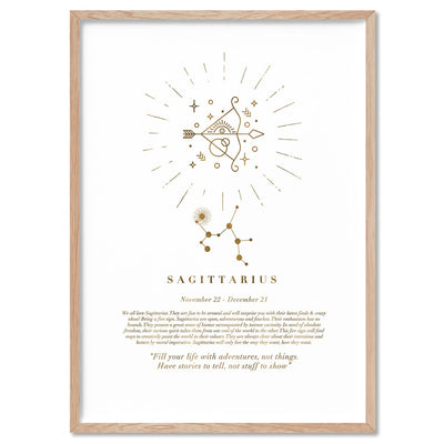 Sagittarius Star Sign | Celestial Boho (faux look foil) - Art Print, Poster, Stretched Canvas, or Framed Wall Art Print, shown in a natural timber frame