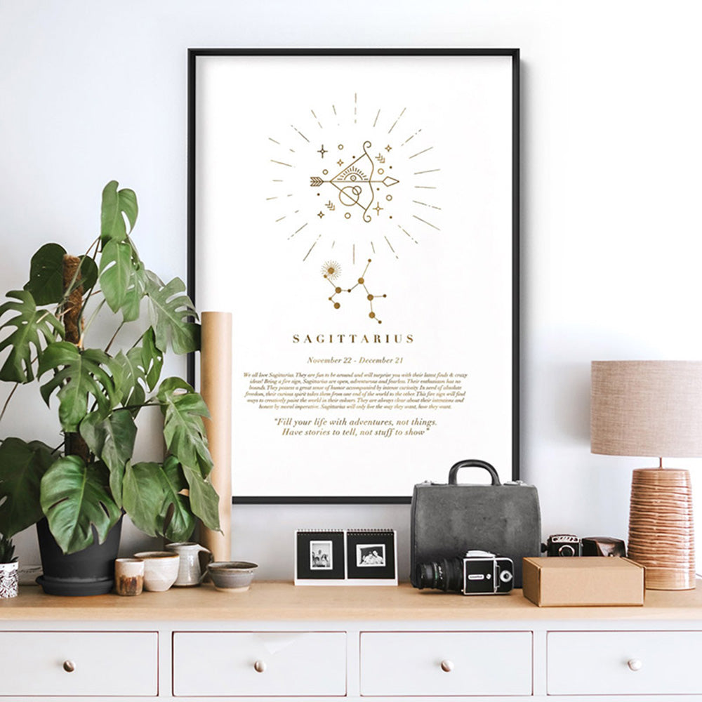 Sagittarius Star Sign | Celestial Boho (faux look foil) - Art Print, Poster, Stretched Canvas or Framed Wall Art Prints, shown framed in a room