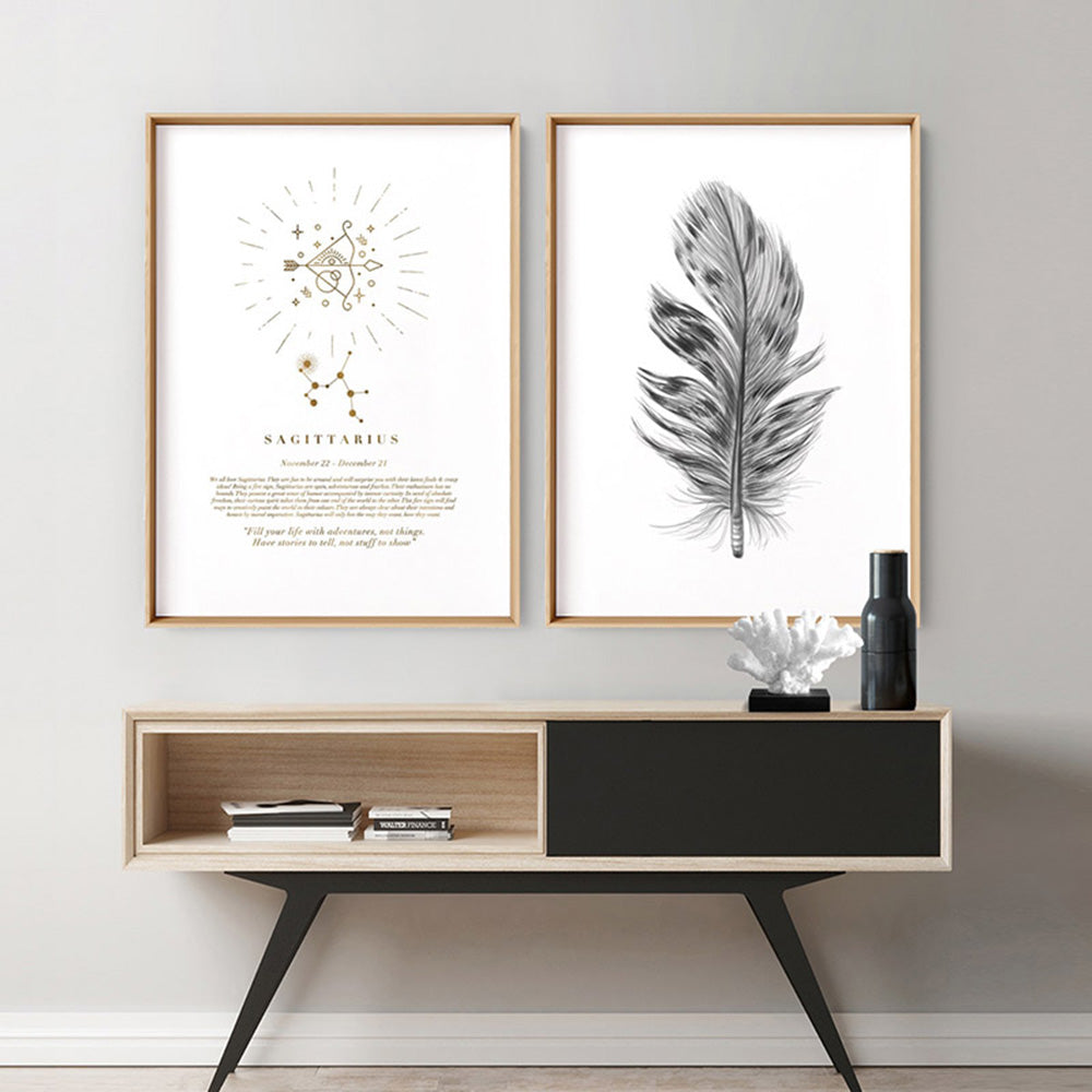 Sagittarius Star Sign | Celestial Boho (faux look foil) - Art Print, Poster, Stretched Canvas or Framed Wall Art, shown framed in a home interior space