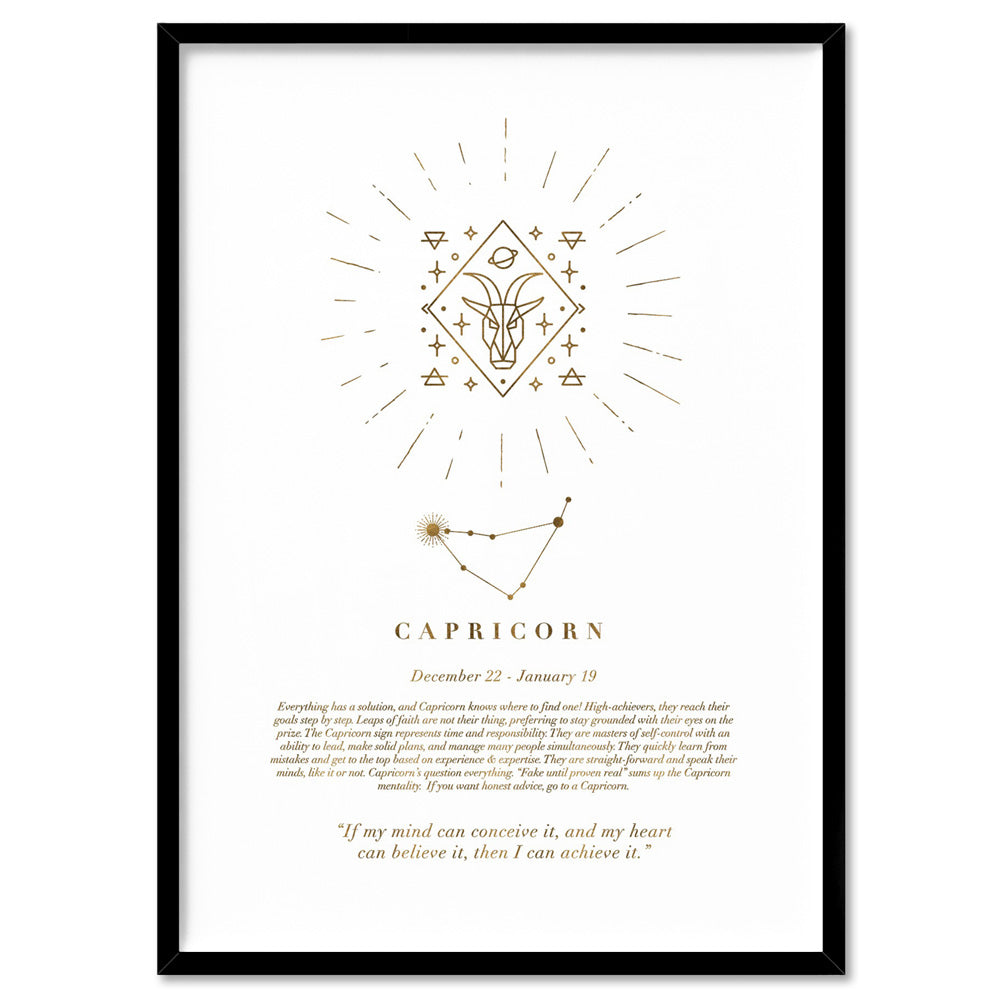 Capricorn Star Sign | Celestial Boho (faux look foil) - Art Print, Poster, Stretched Canvas, or Framed Wall Art Print, shown in a black frame