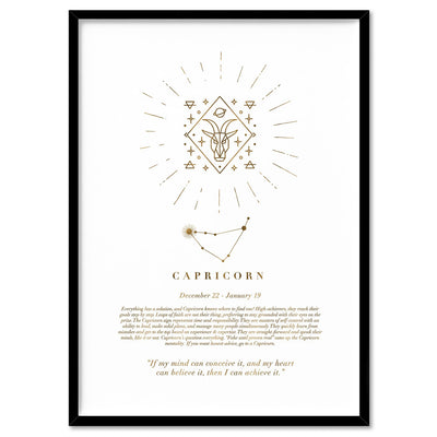 Capricorn Star Sign | Celestial Boho (faux look foil) - Art Print, Poster, Stretched Canvas, or Framed Wall Art Print, shown in a black frame