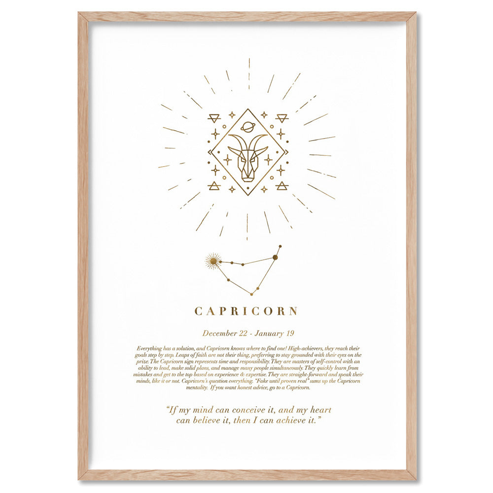 Capricorn Star Sign | Celestial Boho (faux look foil) - Art Print, Poster, Stretched Canvas, or Framed Wall Art Print, shown in a natural timber frame