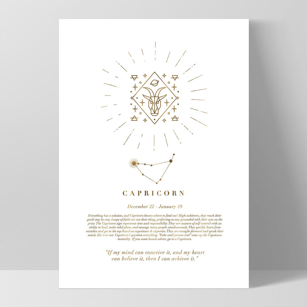 Capricorn Star Sign | Celestial Boho (faux look foil) - Art Print, Poster, Stretched Canvas, or Framed Wall Art Print, shown as a stretched canvas or poster without a frame