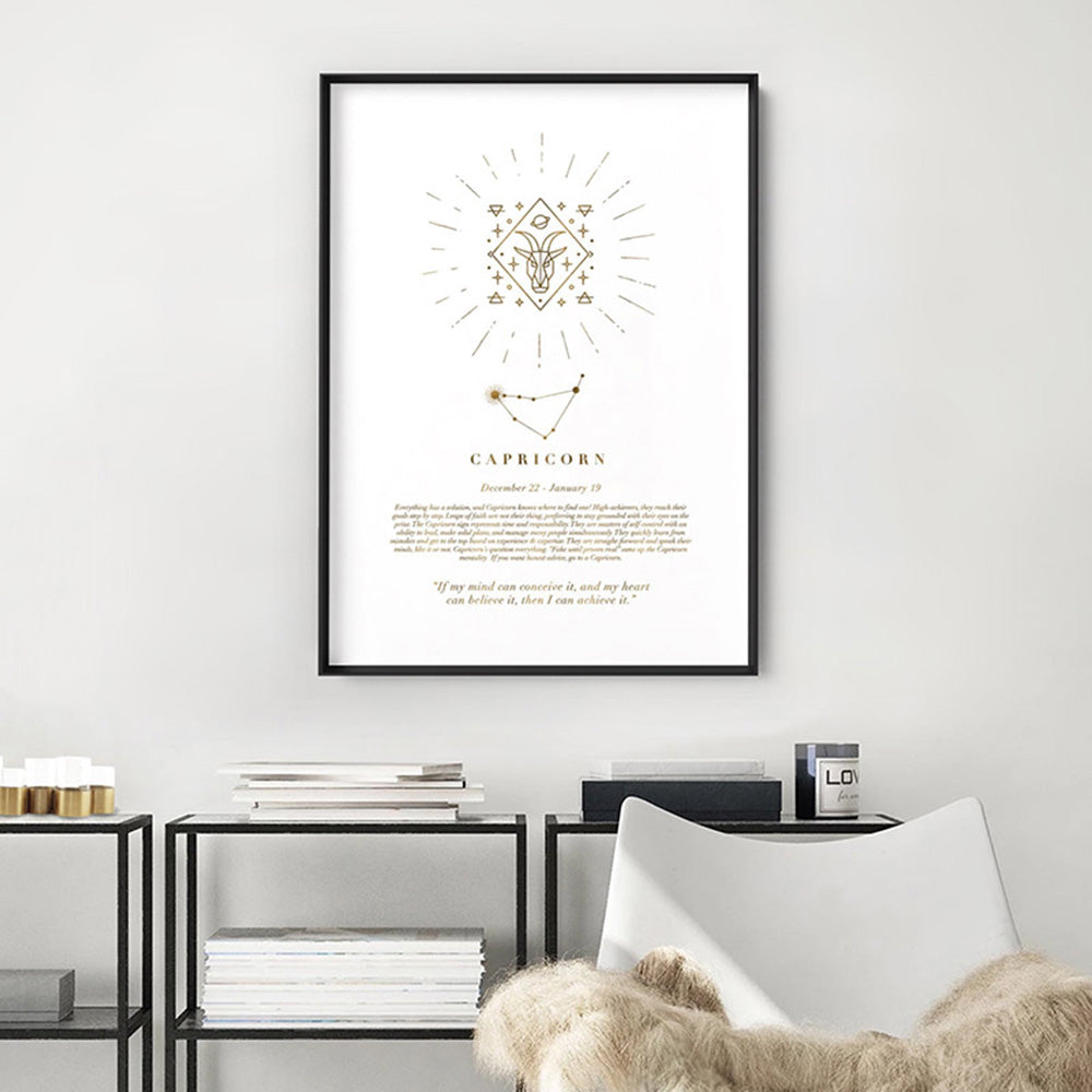 Capricorn Star Sign | Celestial Boho (faux look foil) - Art Print, Poster, Stretched Canvas or Framed Wall Art Prints, shown framed in a room