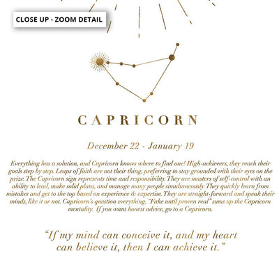 Capricorn Star Sign | Celestial Boho (faux look foil) - Art Print, Poster, Stretched Canvas or Framed Wall Art, Close up View of Print Resolution