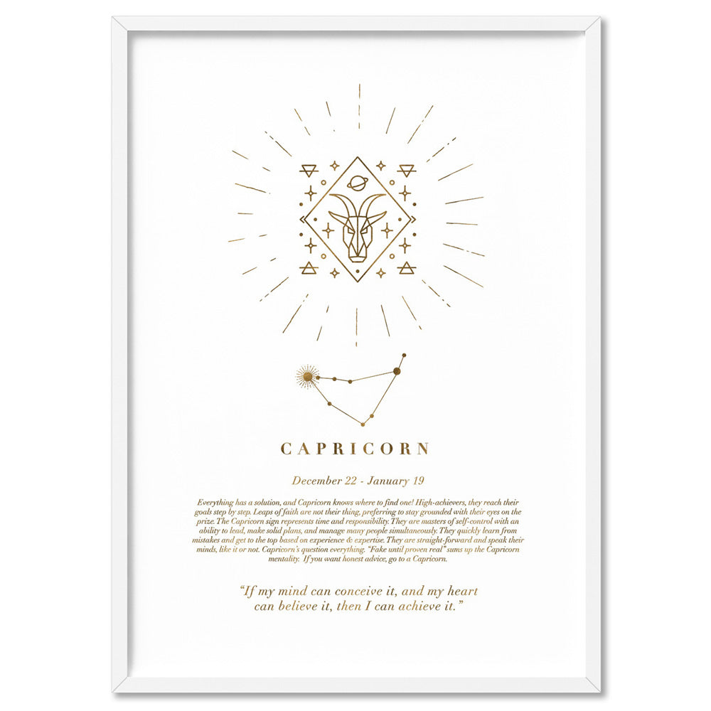 Capricorn Star Sign | Celestial Boho (faux look foil) - Art Print, Poster, Stretched Canvas, or Framed Wall Art Print, shown in a white frame