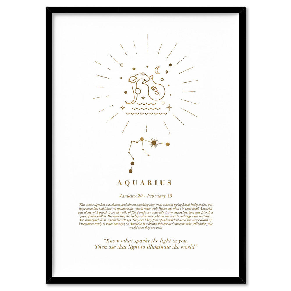 Aquarius Star Sign | Celestial Boho (faux look foil) - Art Print, Poster, Stretched Canvas, or Framed Wall Art Print, shown in a black frame