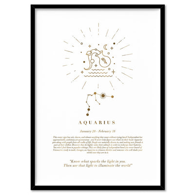 Aquarius Star Sign | Celestial Boho (faux look foil) - Art Print, Poster, Stretched Canvas, or Framed Wall Art Print, shown in a black frame