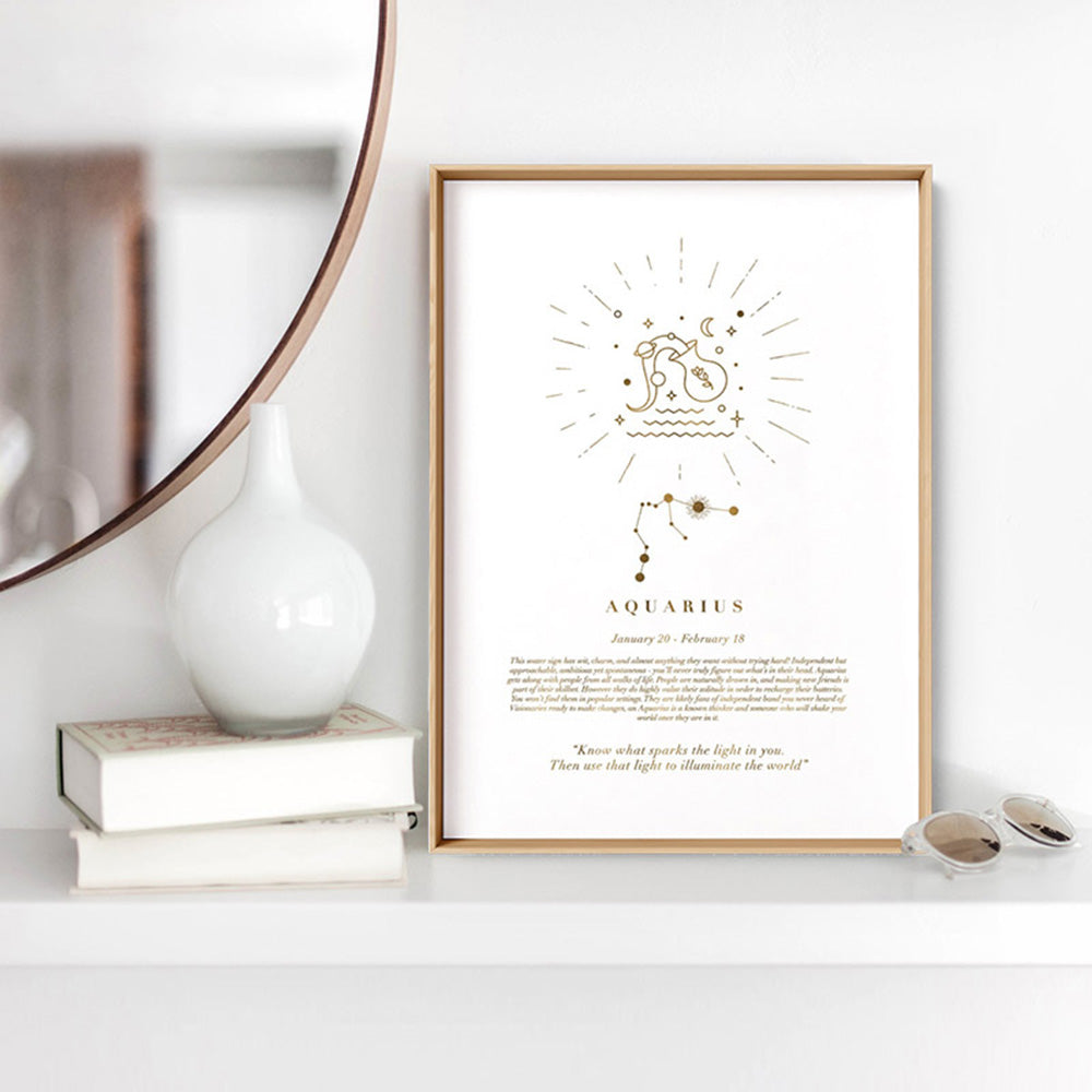 Aquarius Star Sign | Celestial Boho (faux look foil) - Art Print, Poster, Stretched Canvas or Framed Wall Art Prints, shown framed in a room