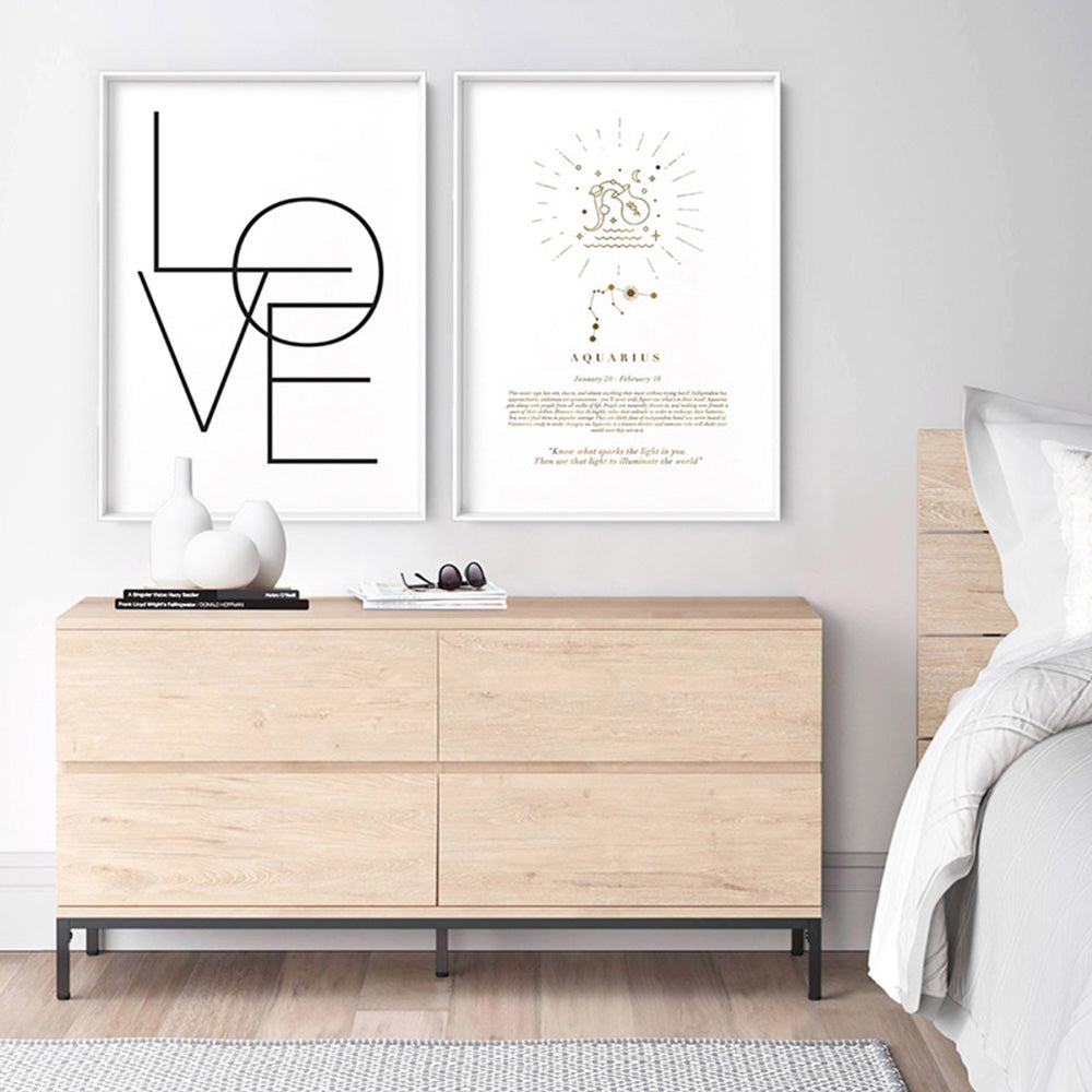 Aquarius Star Sign | Celestial Boho (faux look foil) - Art Print, Poster, Stretched Canvas or Framed Wall Art, shown framed in a home interior space